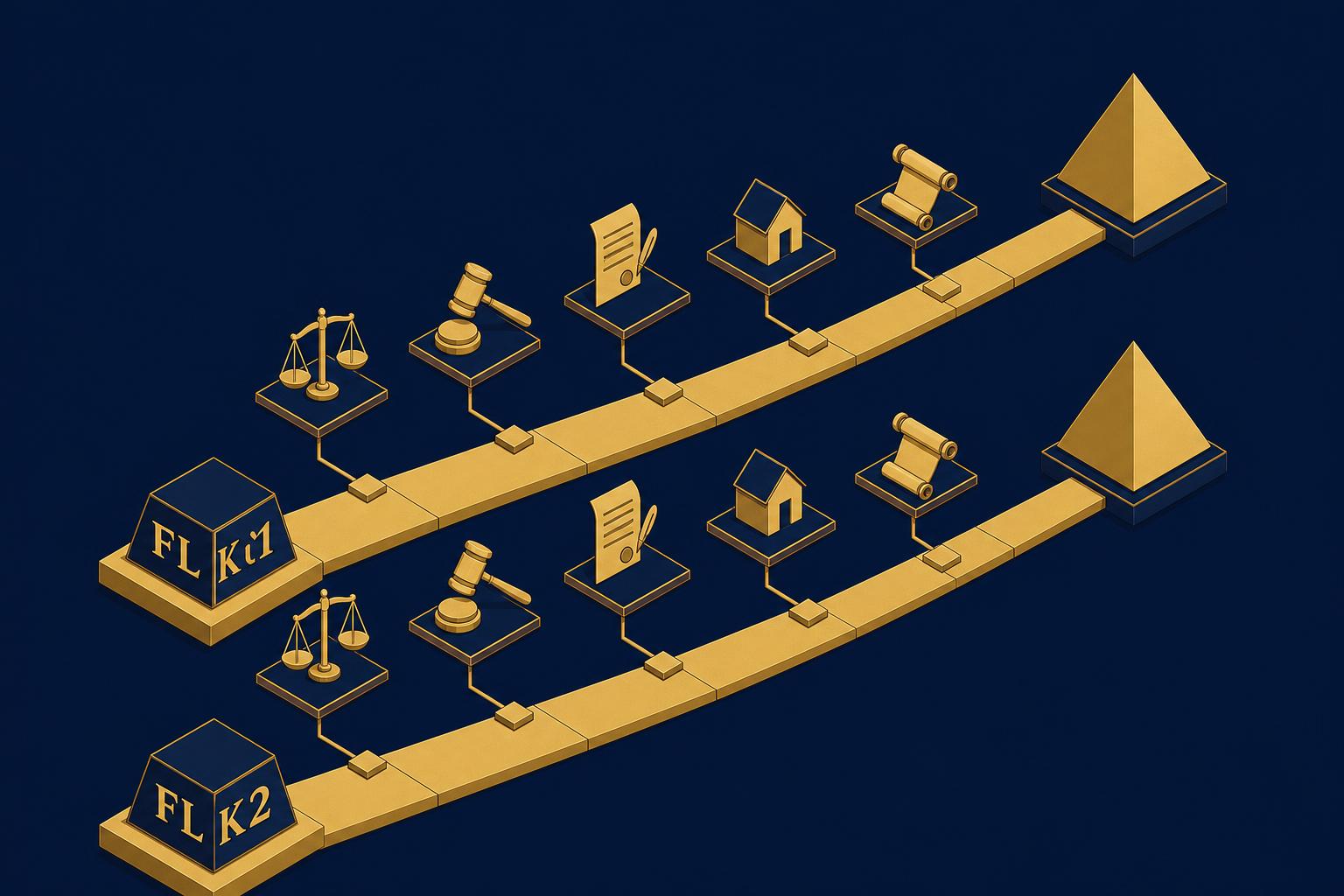Isometric illustration of FLK1 and FLK2 paths with topic icons