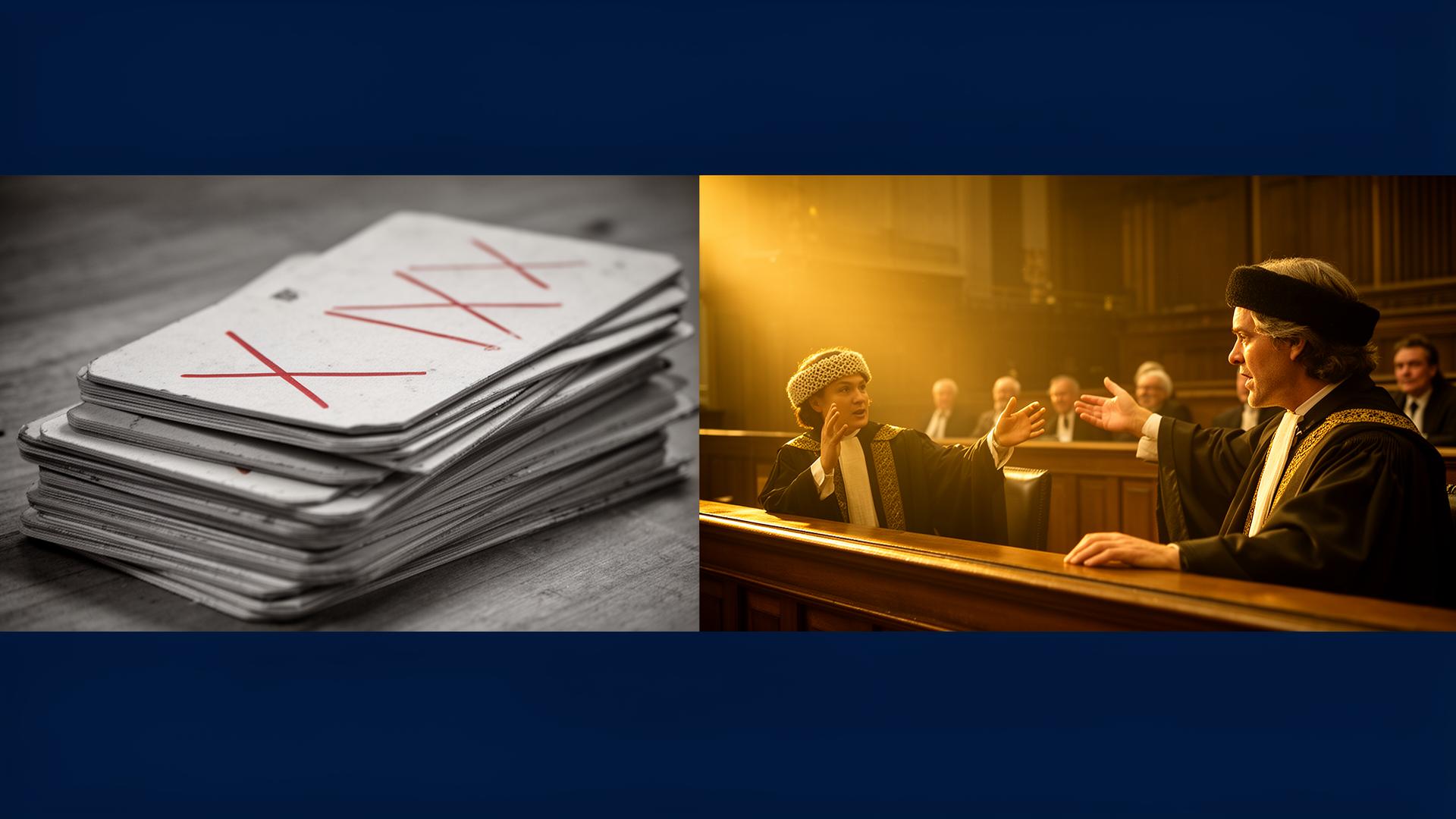 Faded flashcards crossed out beside a vivid courtroom scene